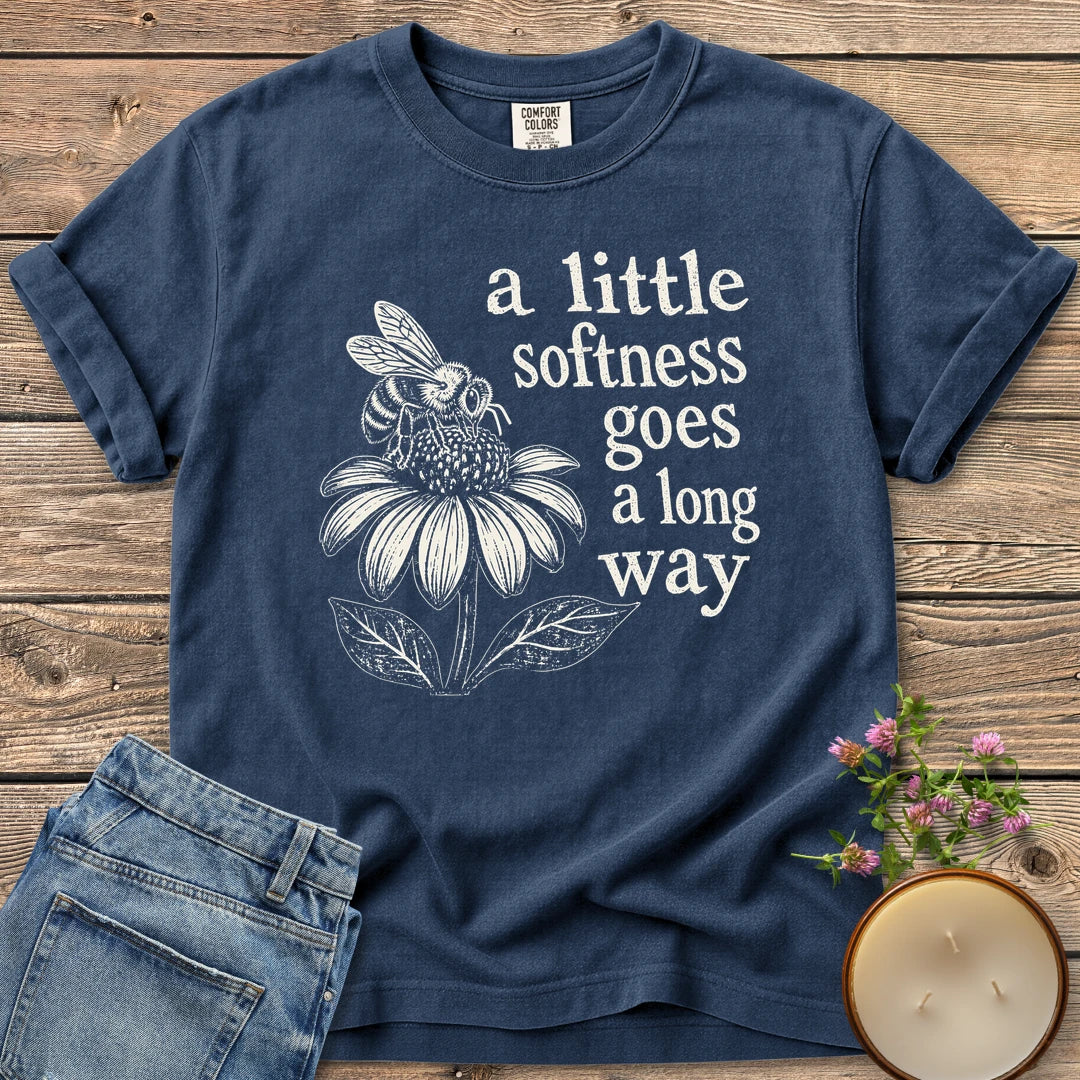 Softness Goes a Long Way t-shirt, a bee on a coneflower with a little softness goes a long way, on a Navy Comfort Colors tee