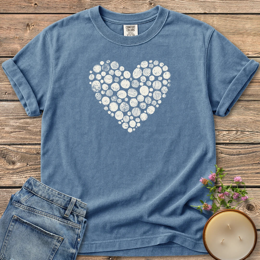 Stipple Heart t-shirt, a heart made of hand-stamped textured circles, on a Blue Jean Comfort Colors tee