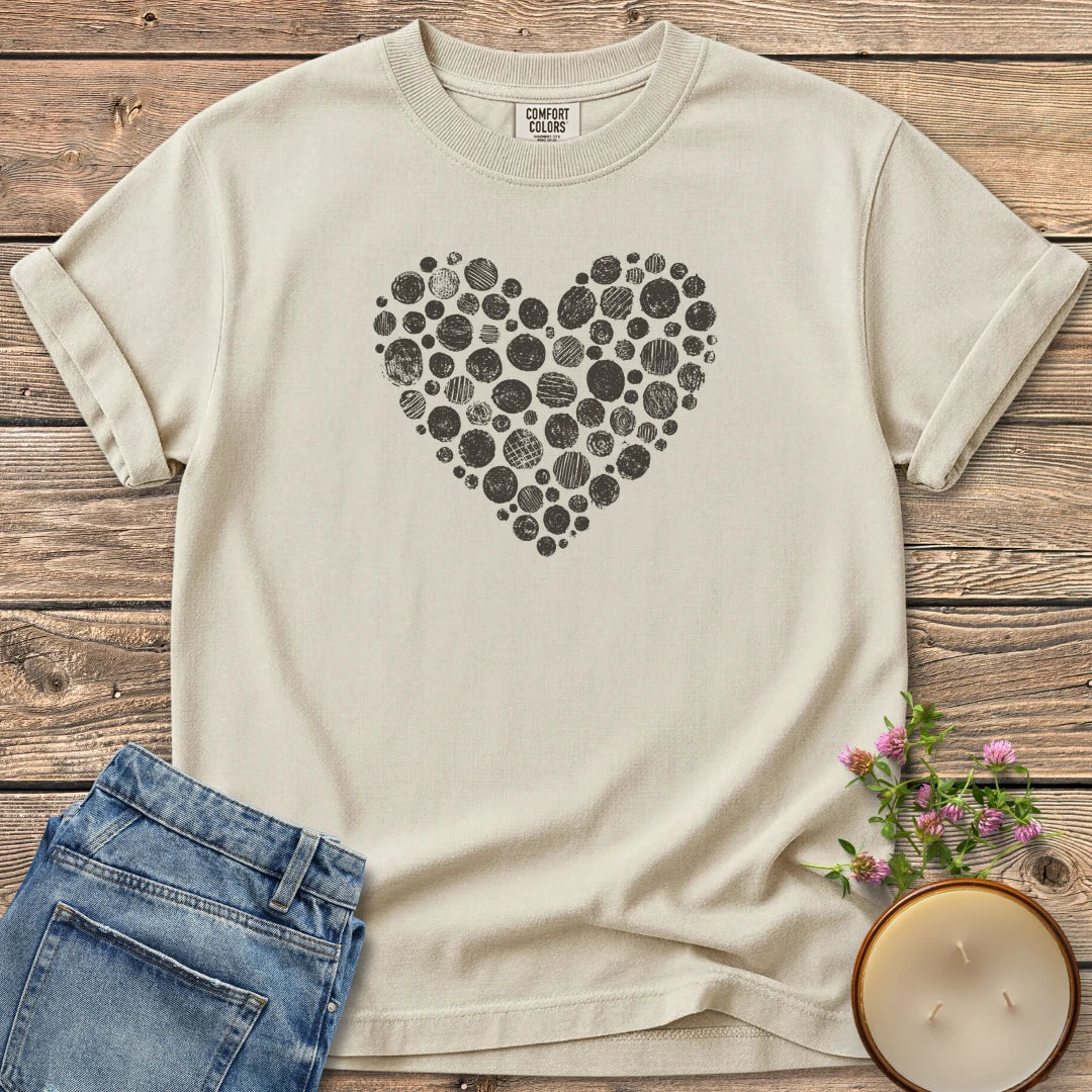 Stipple Heart t-shirt, a heart made of hand-stamped textured circles, on an Ivory Comfort Colors tee