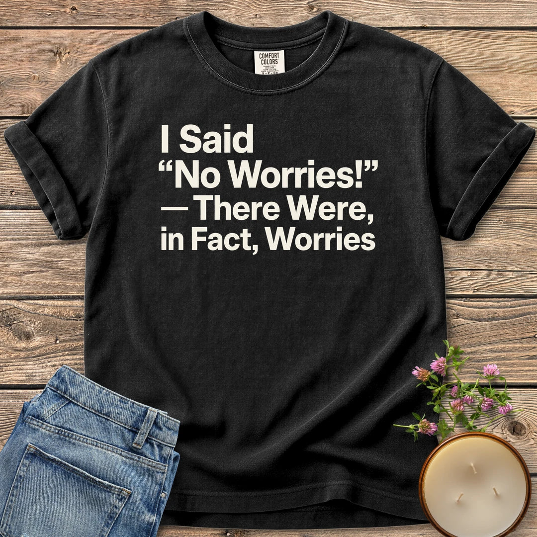 There Were In Fact Worries t-shirt, I Said "No Worries!" - There Were, in Fact, Worries in bold sans type, on a Black Comfort Colors tee