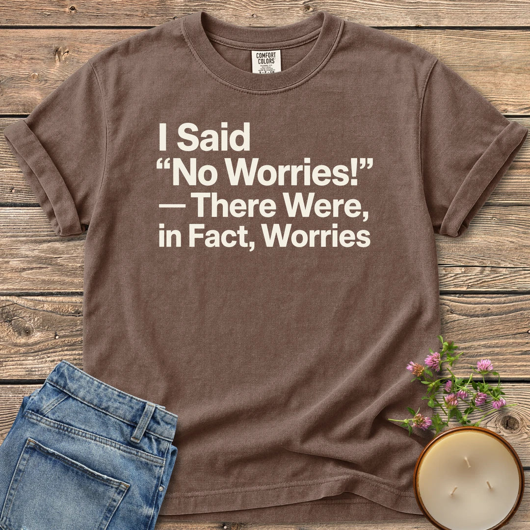 There Were In Fact Worries t-shirt, I Said "No Worries!" - There Were, in Fact, Worries in bold sans type, on an Espresso Comfort Colors tee