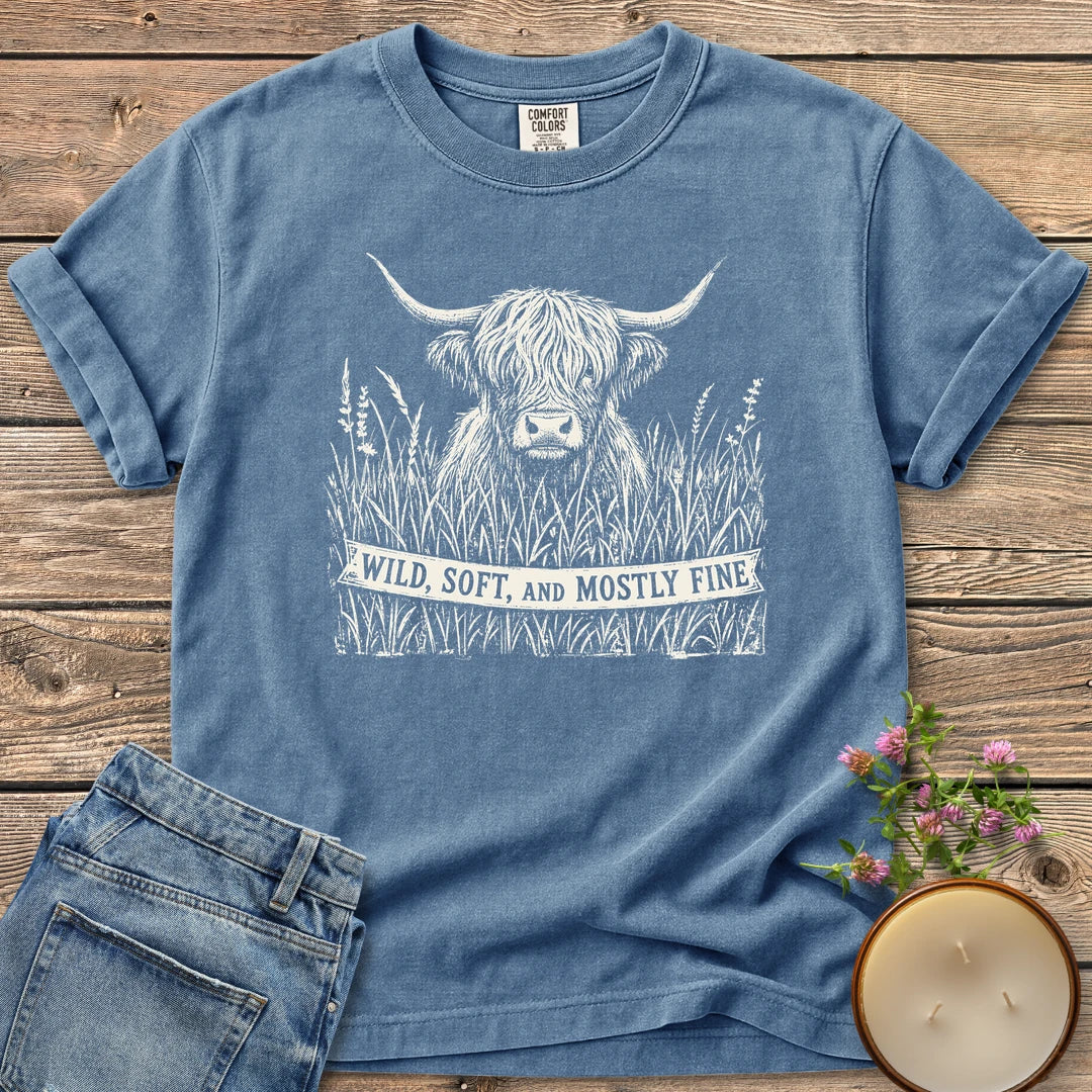 Wild Soft And Mostly Fine t-shirt, a shaggy highland cow in tall grass with a banner reading Wild, Soft, and Mostly Fine, on a Blue Jean Comfort Colors tee