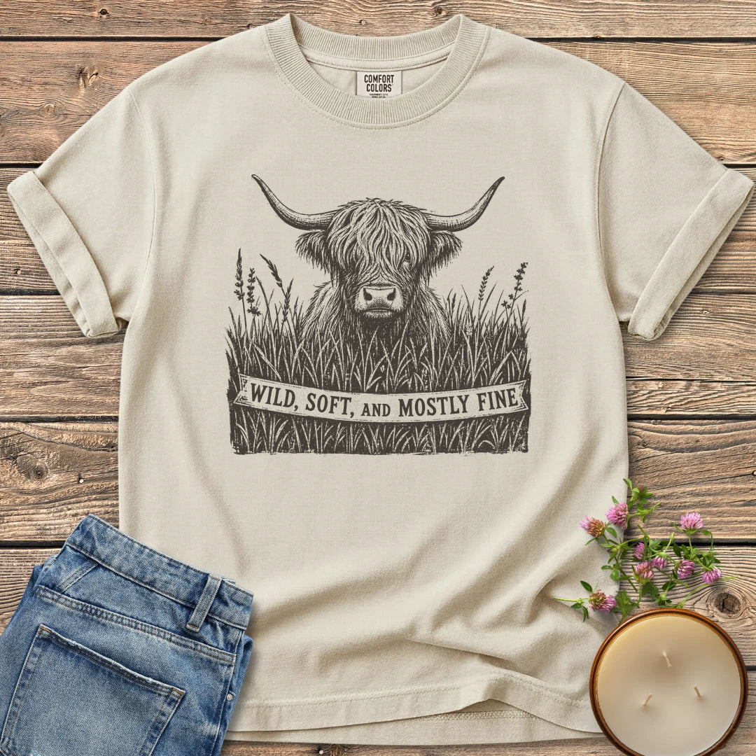 Wild Soft And Mostly Fine t-shirt, a shaggy highland cow in tall grass with a banner reading Wild, Soft, and Mostly Fine, on an Ivory Comfort Colors tee