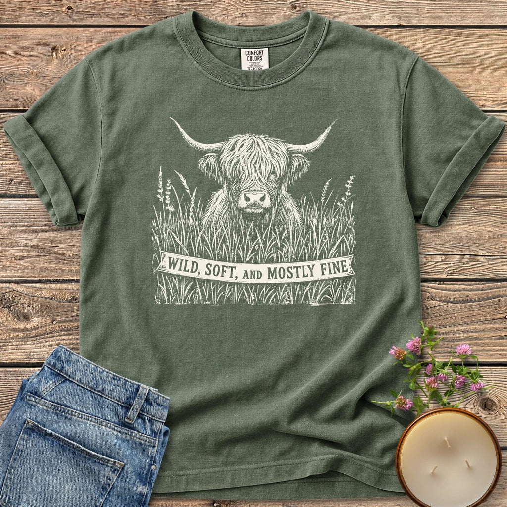 Wild Soft And Mostly Fine t-shirt, a shaggy highland cow in tall grass with a banner reading Wild, Soft, and Mostly Fine, on a Moss Comfort Colors tee