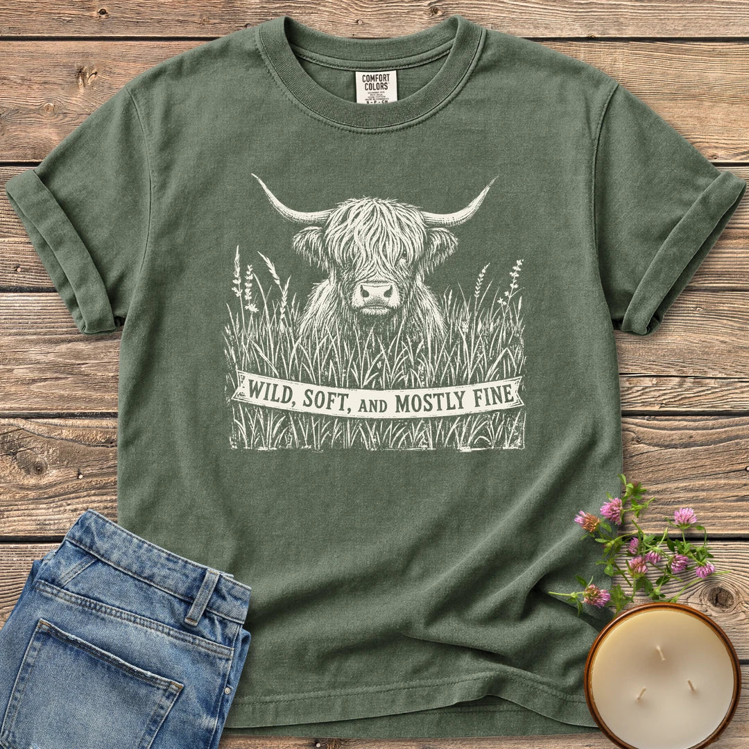 Wild Soft And Mostly Fine t-shirt, a shaggy highland cow in tall grass with a banner reading Wild, Soft, and Mostly Fine, on a Moss Comfort Colors tee