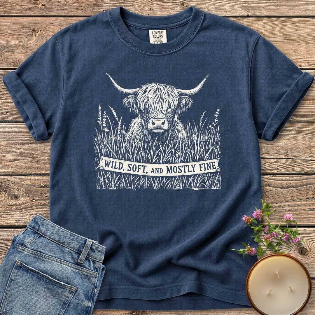 Wild Soft And Mostly Fine t-shirt, a shaggy highland cow in tall grass with a banner reading Wild, Soft, and Mostly Fine, on a Navy Comfort Colors tee
