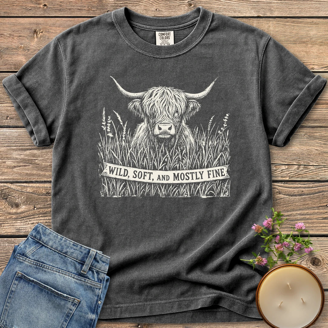 Wild Soft And Mostly Fine t-shirt, a shaggy highland cow in tall grass with a banner reading Wild, Soft, and Mostly Fine, on a Pepper Comfort Colors tee