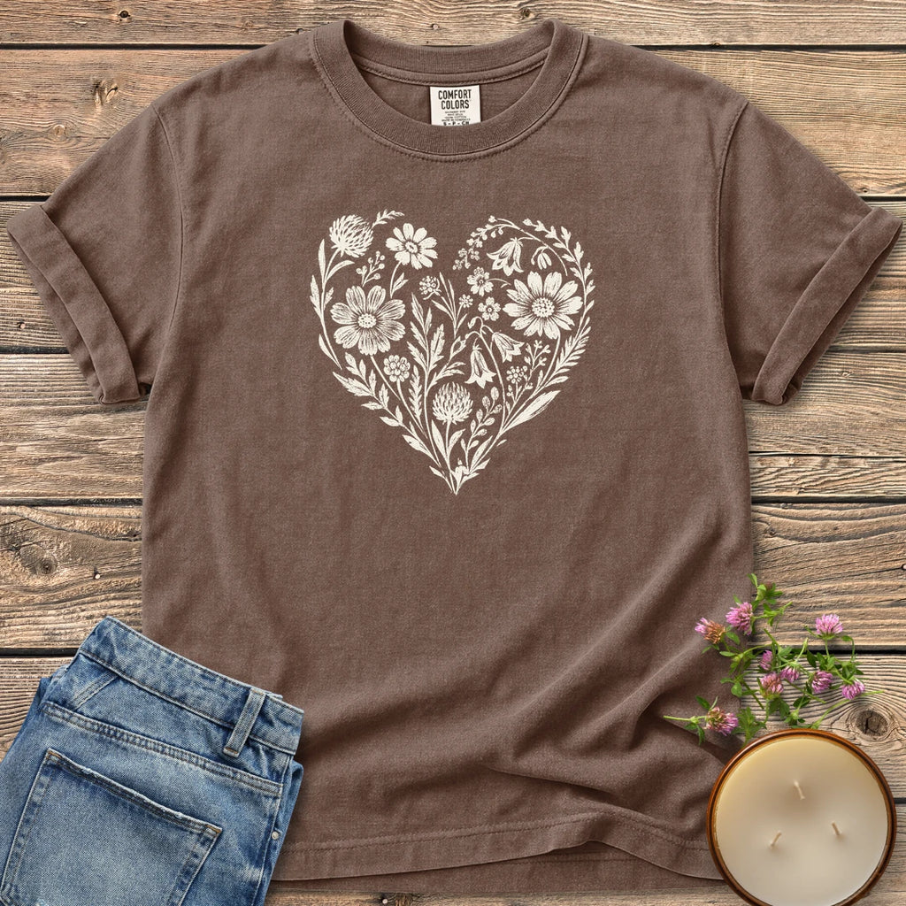Wildflower Heart t-shirt, a heart made of hand-drawn wildflowers and leaves, on an Espresso Comfort Colors tee
