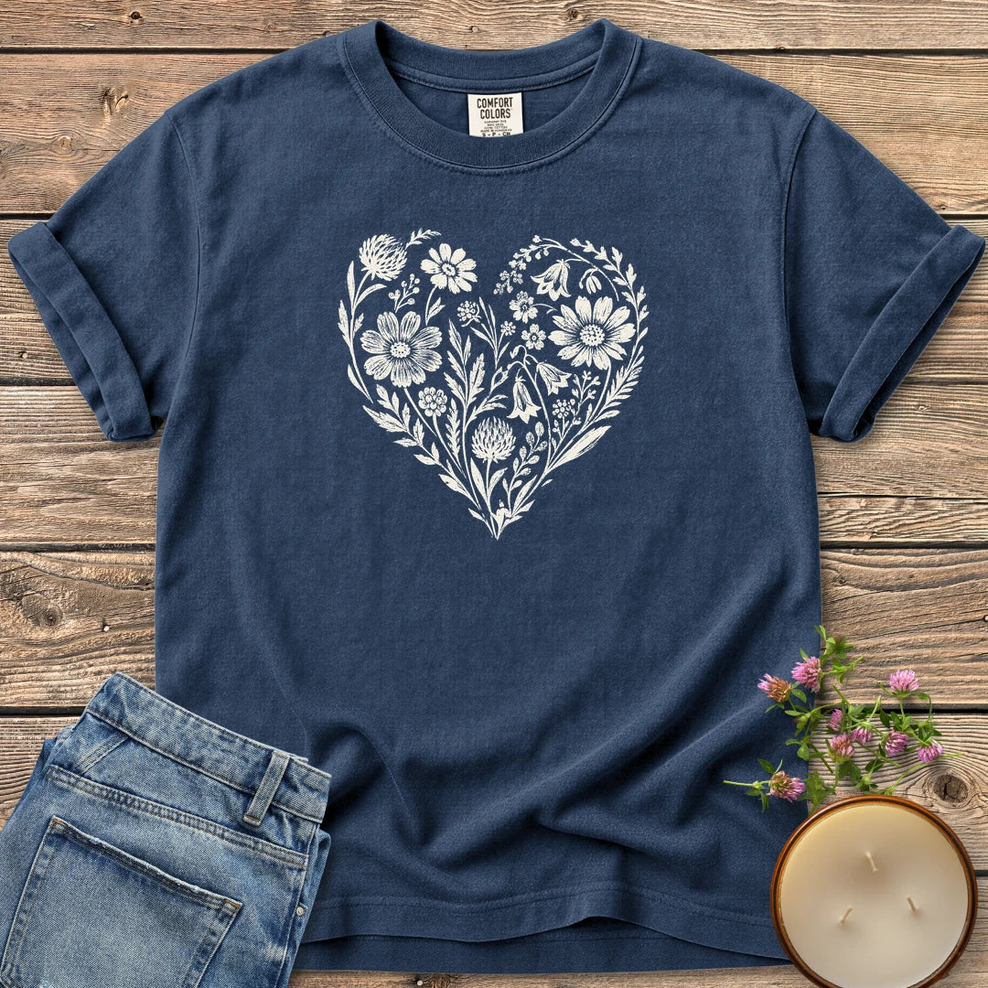 Wildflower Heart t-shirt, a heart made of hand-drawn wildflowers and leaves, on a Navy Comfort Colors tee